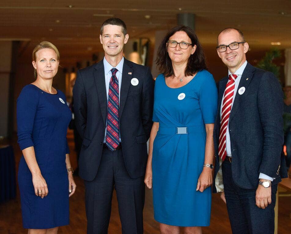 Featured speakers at the International Trans-Atlantic Trade and Investment Partnership (TTIP) Summit included (from l-r) Norrbotten Chamber of Commerce CEO Inger Pedersen, Deputy U.S. Trade Representative Michael Punke, European Commissioner for Trade Cecilia Malmström, and Luleå Mayor Niklas Nordström.